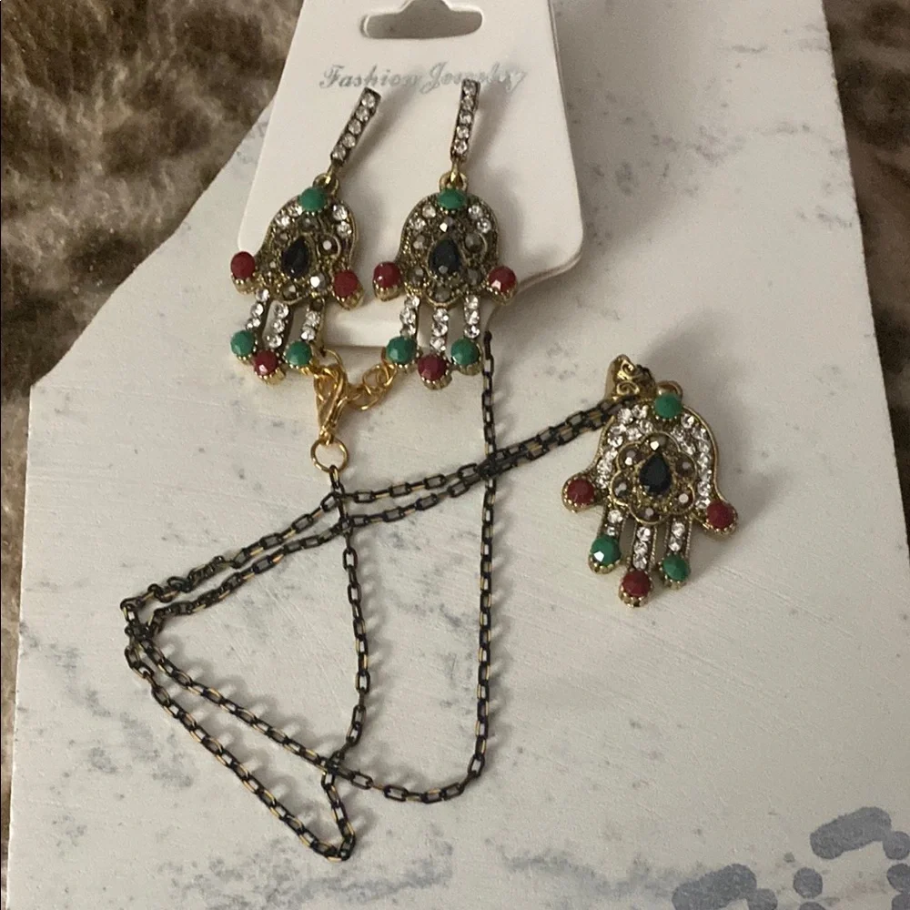 Gold and Red Hamsa Earrings with Necklace